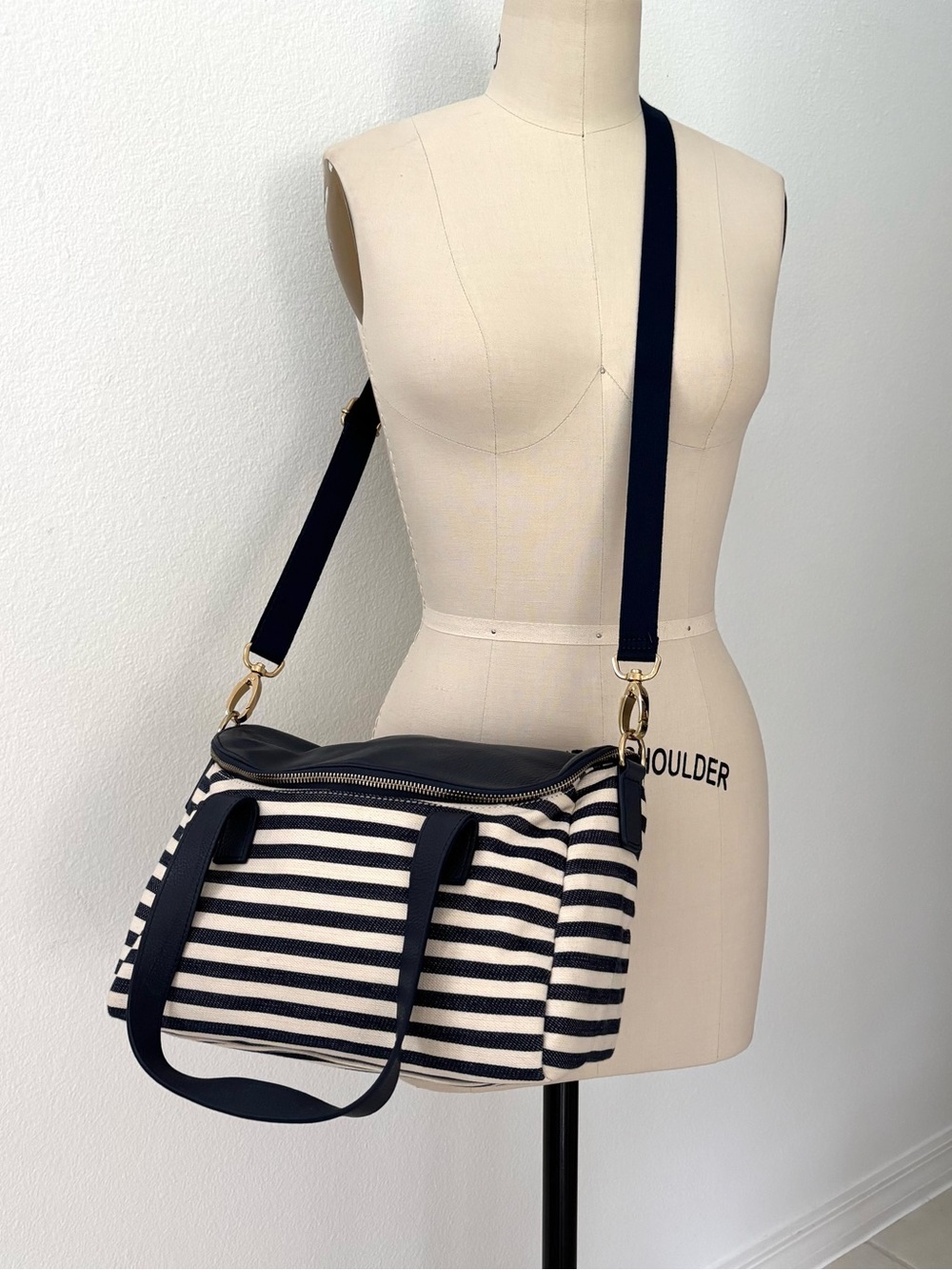 Barneys New York Striped Canvas Leather Crossbody Satchel Bag NWT Navy Cream
